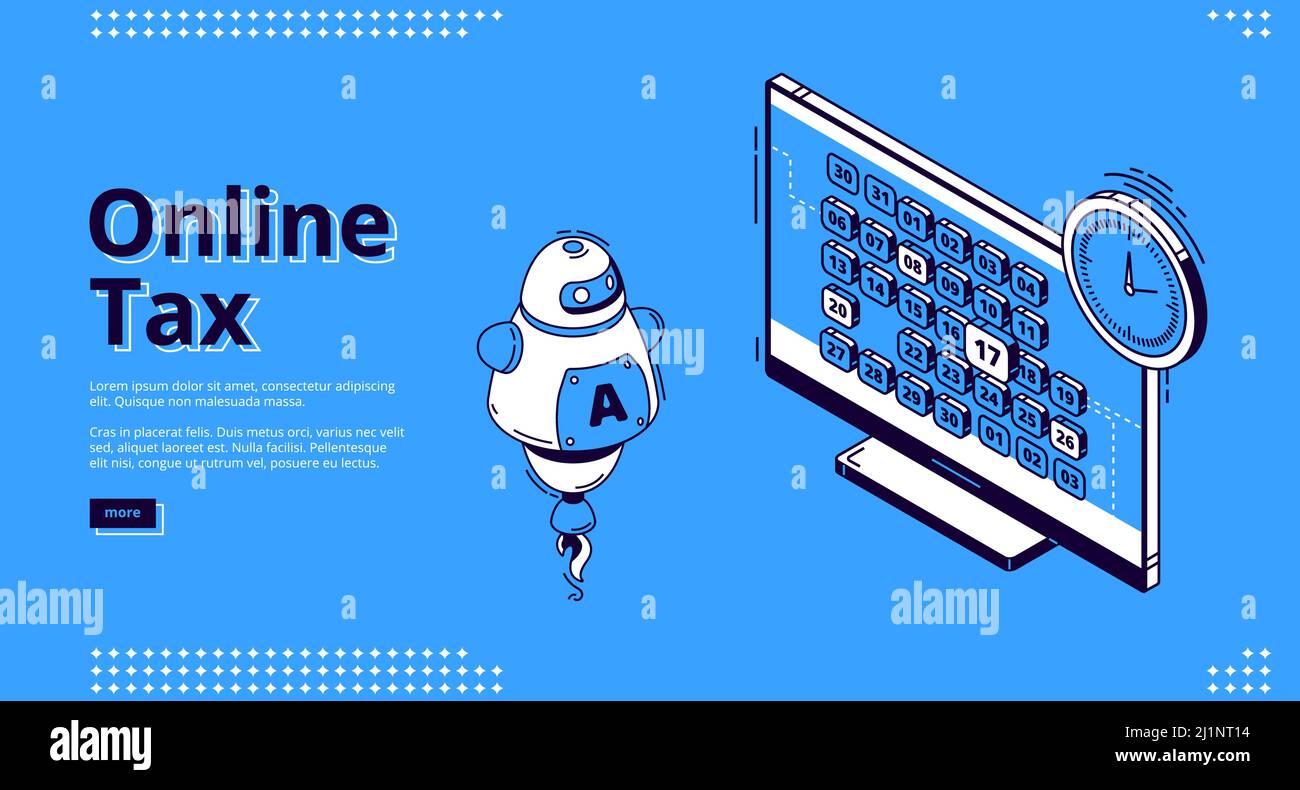 Page de renvoi isométrique de taxe en ligne. Ai robot avant de bureau d'ordinateur avec calendrier et horloge. Technologie intelligente pour la comptabilité bancaire, application pour Illustration de Vecteur