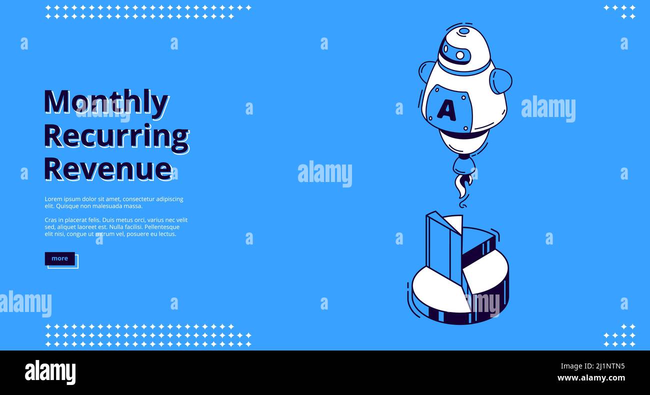 Revenu mensuel récurrent, page de renvoi isométrique mrr. Graphiques à secteurs et icônes d'intelligence artificielle isolées en bleu. Analyse de gain ligne de vecteur 3d a Illustration de Vecteur