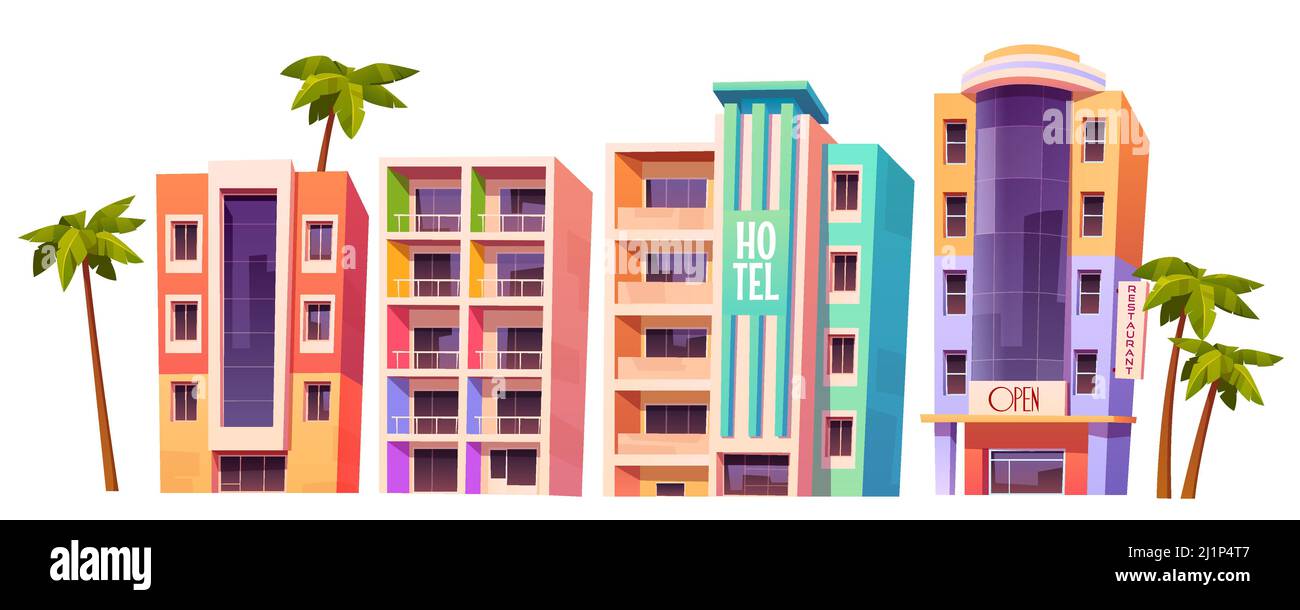 Bâtiments, hôtels à Miami en été, architecture de maison moderne. Habitations, magasins et restaurants isolés à plusieurs étages avec fenêtres en verre et pal Illustration de Vecteur