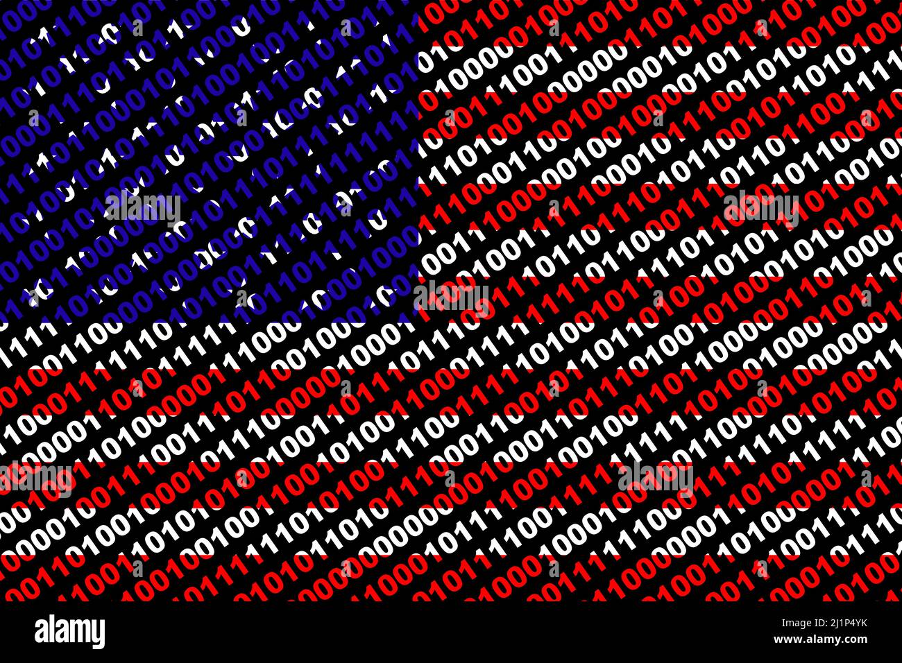 Hacker États-Unis. Drapeau américain numérique et concept de cybersécurité binaire avec 0 et 1. Ordinateur hacker États-Unis. Tricolore. Banque D'Images