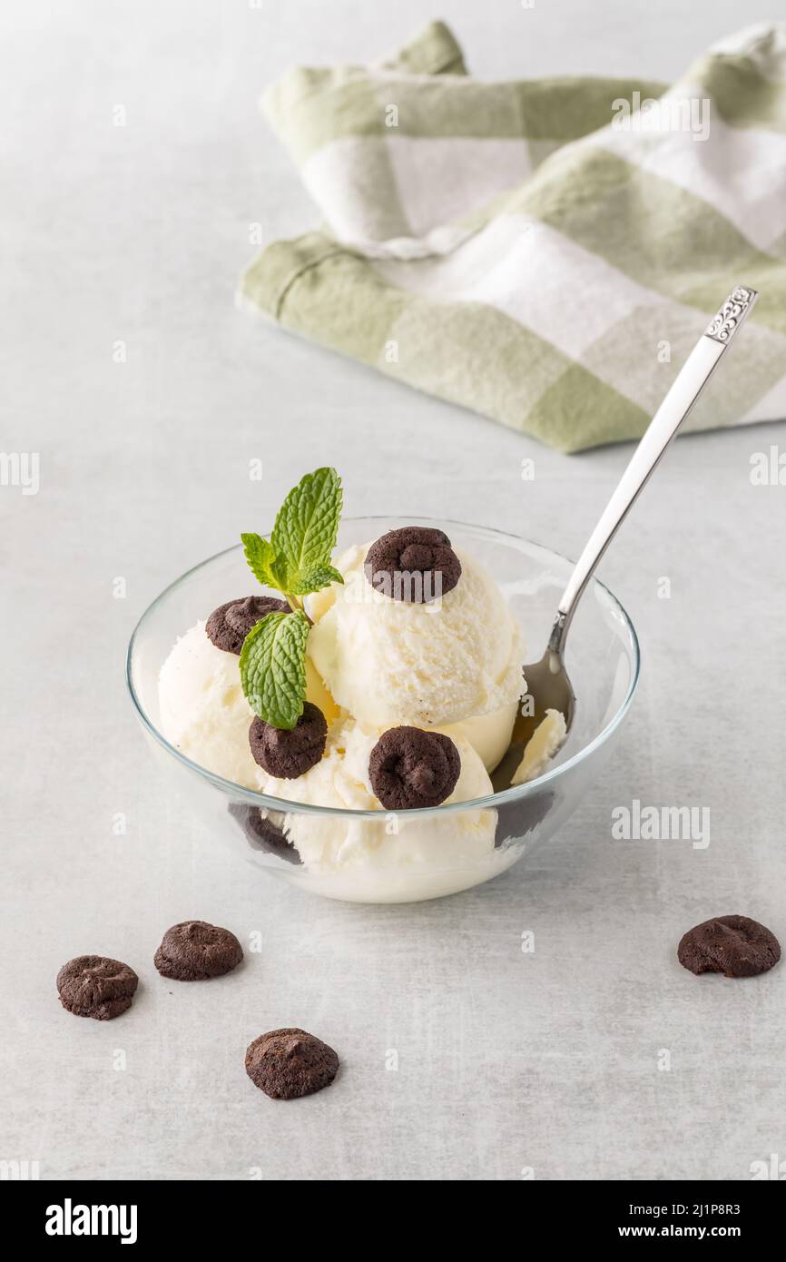 Glace à la vanille avec mini-biscuits au chocolat et garniture à la menthe. Banque D'Images