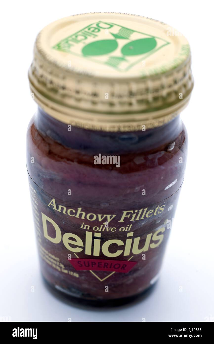 Pot de filets d'anchois Delicius dans de l'huile d'olive Banque D'Images