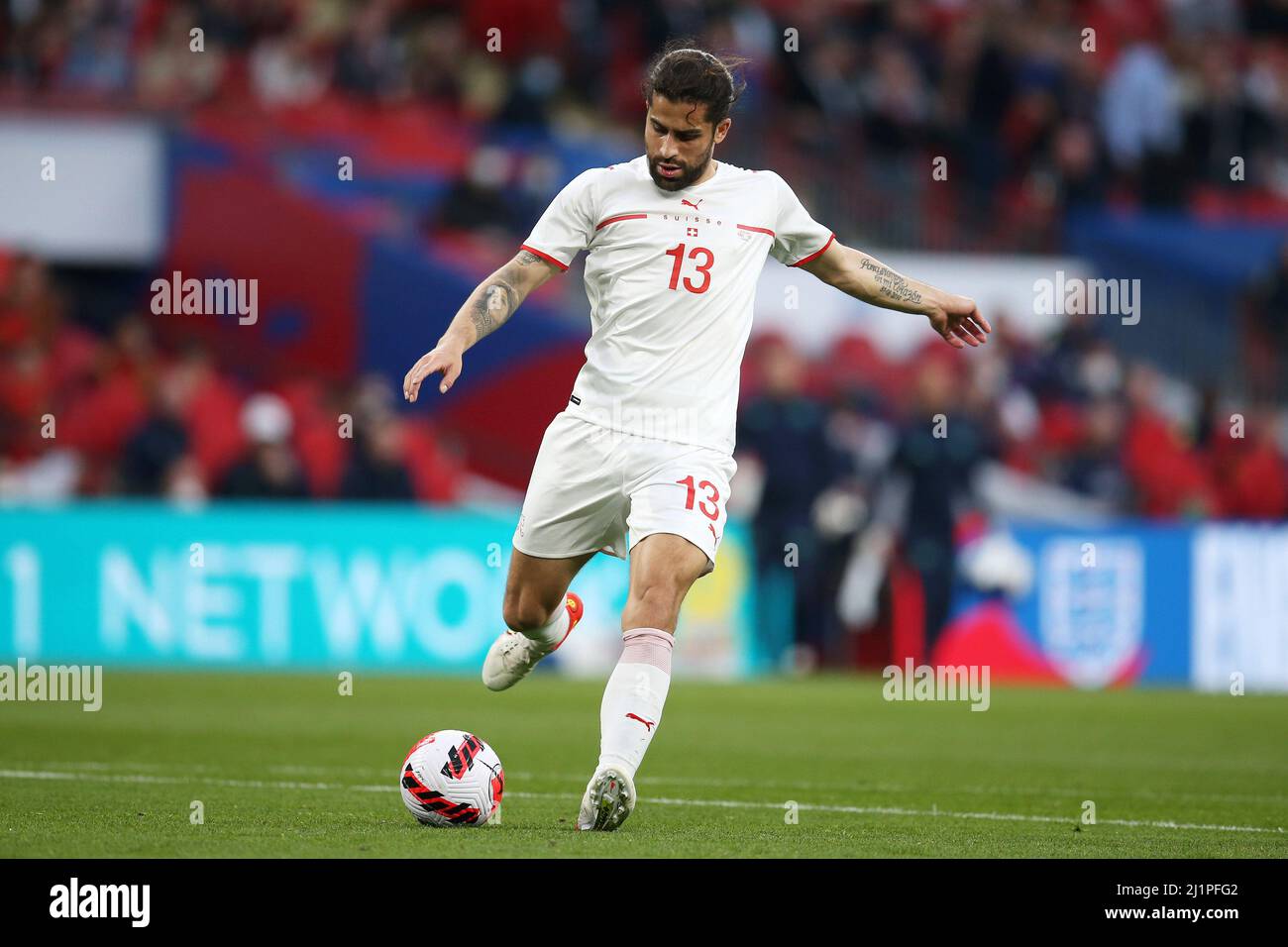 Londres, Royaume-Uni. 26th mars 2022. Ricardo Rodriguez de Suisse en action. Angleterre v Suisse, International football friendly désigné Alzheimer's Society International Match au stade Wembley à Londres le samedi 26th mars 2022. Usage éditorial seulement. photo par Andrew Orchard/Andrew Orchard sports Photography/Alay Live News crédit: Andrew Orchard sports Photography/Alay Live News Banque D'Images