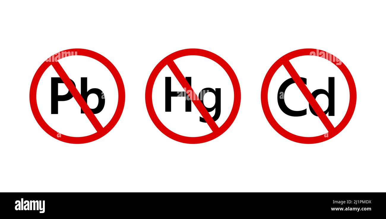 Aucune icône Pb, Hg, CD dans le cercle rouge - signe vectoriel plat. Illustration de Vecteur