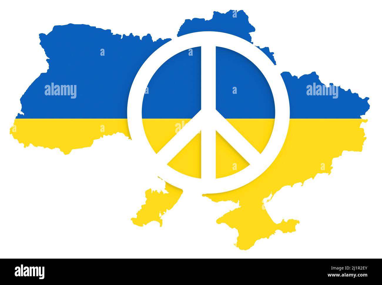 Symbole de paix blanc sur la carte de l'Ukraine avec drapeau ukrainien. Concept de paix en Ukraine. La carte de l'Ukraine sur fond blanc. Banque D'Images