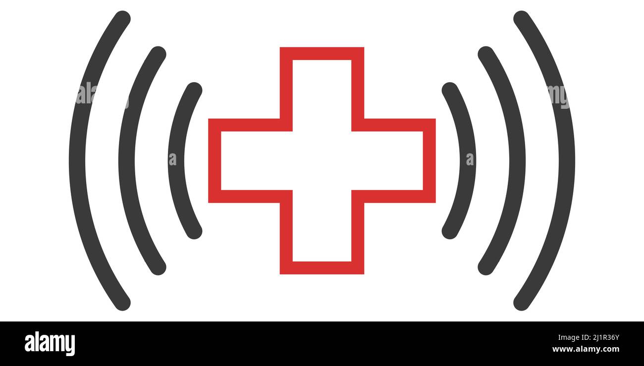 Icon Online Medicine aide médicale d'urgence télémédecine Croix rouge avec transfert d'informations par vagues Illustration de Vecteur