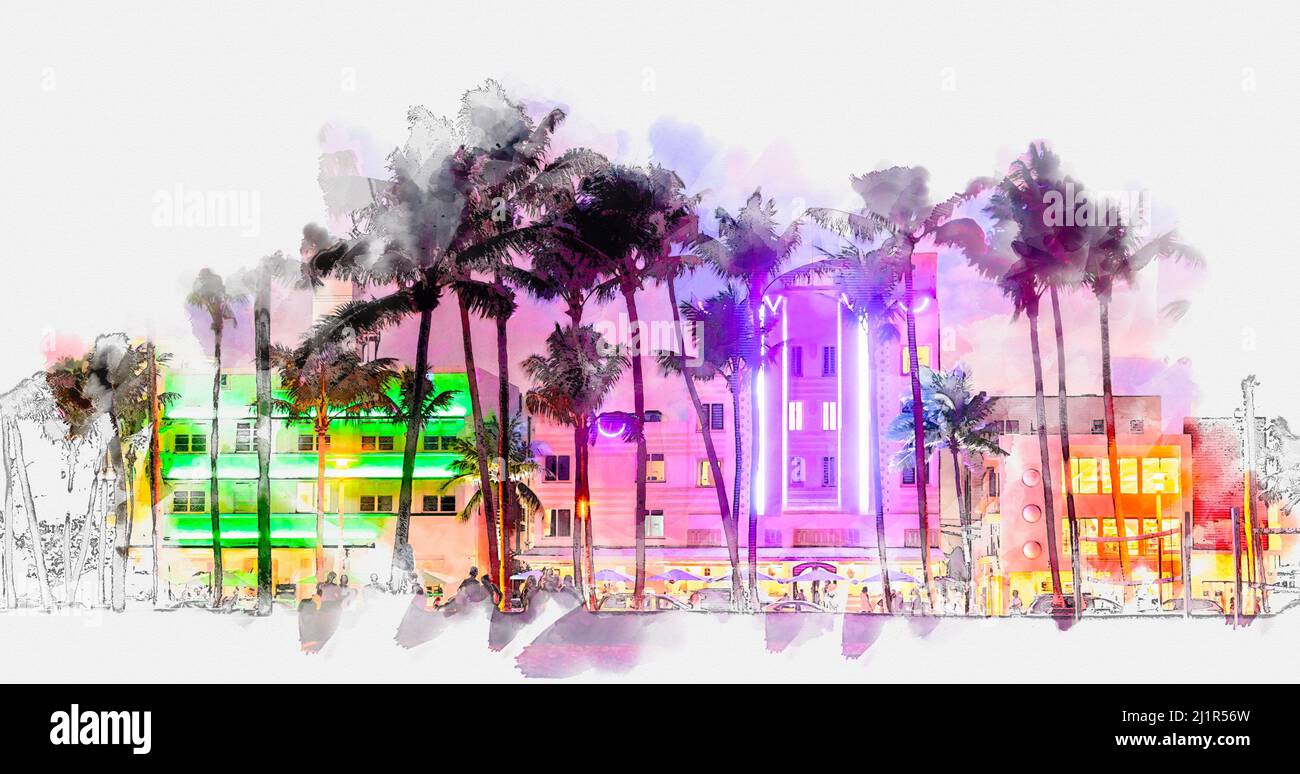 Illustration aquarelle des hôtels et des restaurants d'Ocean Drive au coucher du soleil. Horizon de la ville avec palmiers la nuit. Vie nocturne Art déco au sud Banque D'Images