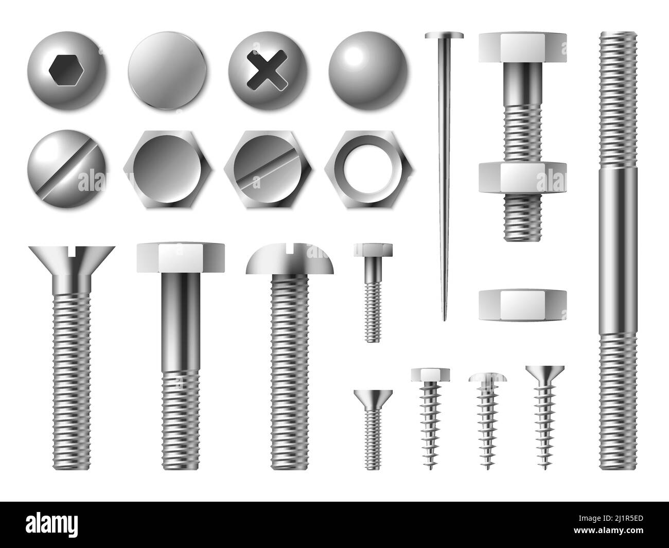 Boulons métalliques réalistes. Écrous et vis en acier. Clous ou rivets. Bouchons métalliques ronds ou hexagonaux. Dispositifs de fixation chromés. Outils de réparation. Matériel Illustration de Vecteur