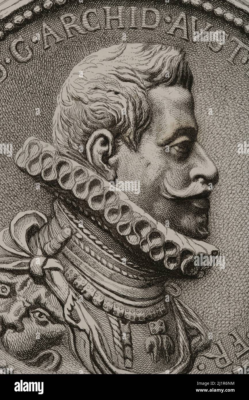 Albert d'Autriche (1559-1621), Archiduc d'Autriche et Prince souverain des pays Bas (1598-1621). Portrait. Gravure par Masson. Lithographiée par Magín Pujadas. Historia général de España, par Modesto Lafuente. Volume III Publié à Barcelone, 1879. Banque D'Images