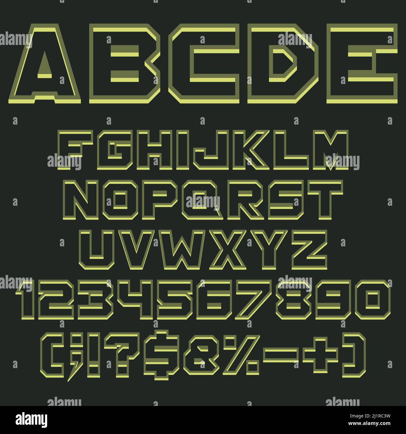 Kaki, alphabet vert militaire, chiffres et signes avec ombre. Objets vectoriels isolés sur fond noir. Illustration de Vecteur