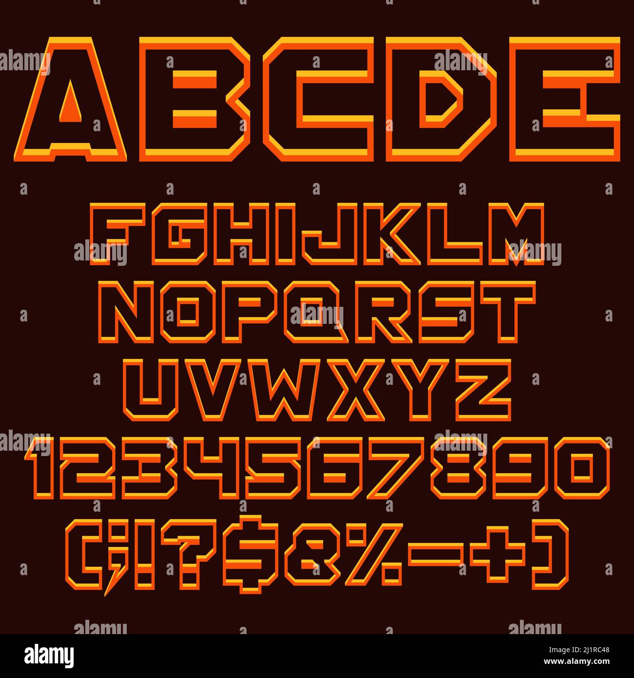 Alphabet orange, chiffres et signes avec ombre. Objets vectoriels isolés sur fond noir. Illustration de Vecteur
