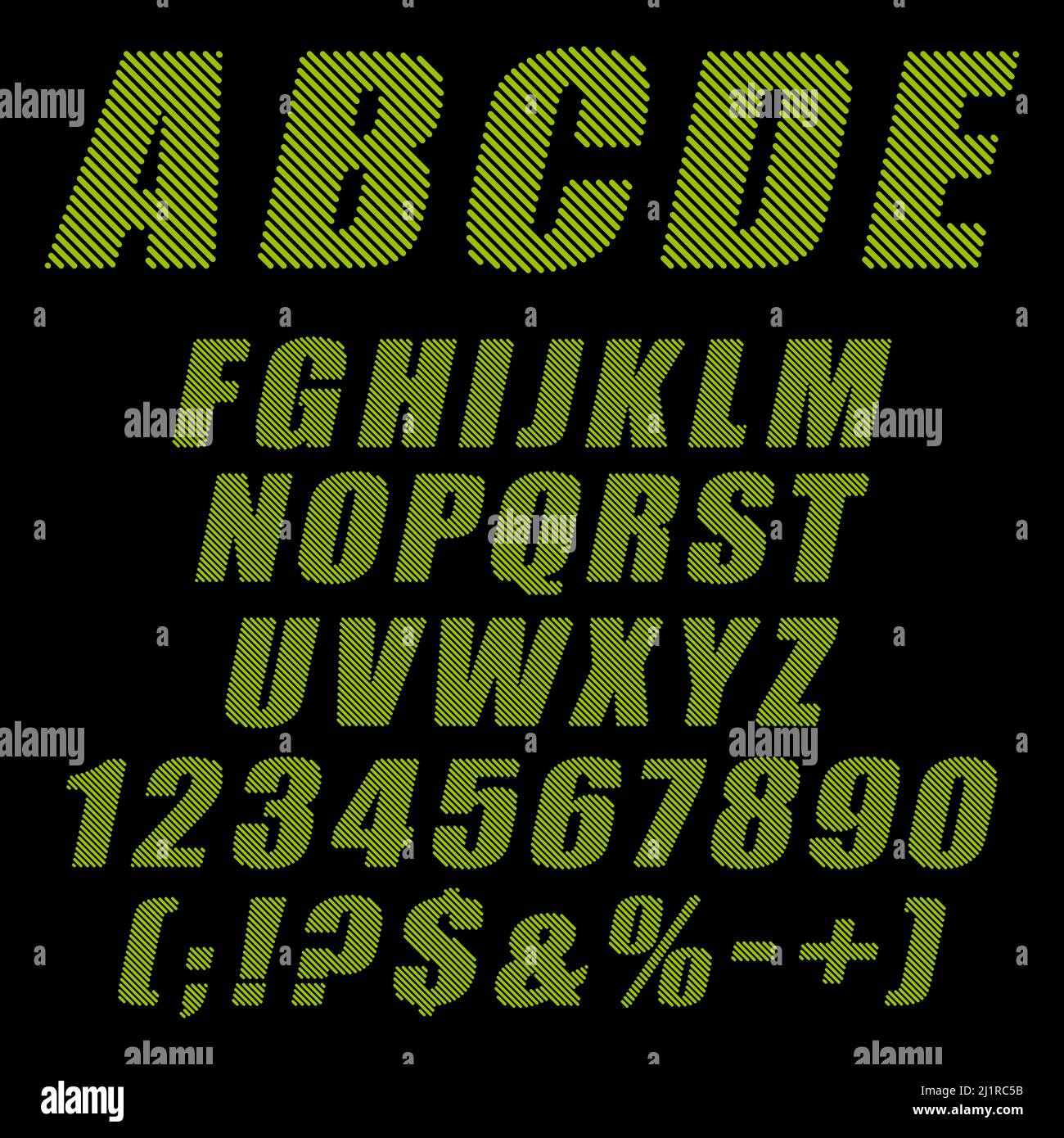 Alphabet, lettres, chiffres et signes verts, bandes kaki. Objets vectoriels isolés sur fond noir. Illustration de Vecteur