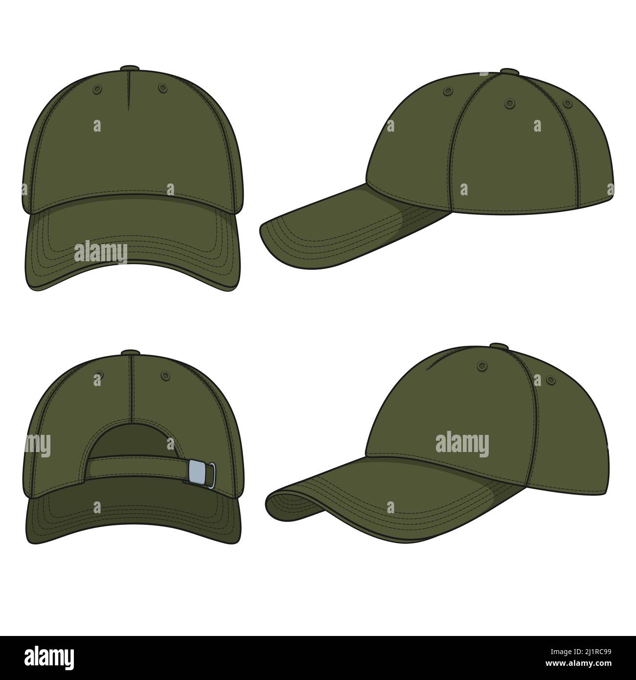 Jeu d'illustrations en couleur avec casquette de baseball kaki. Objets vectoriels isolés sur fond blanc. Illustration de Vecteur