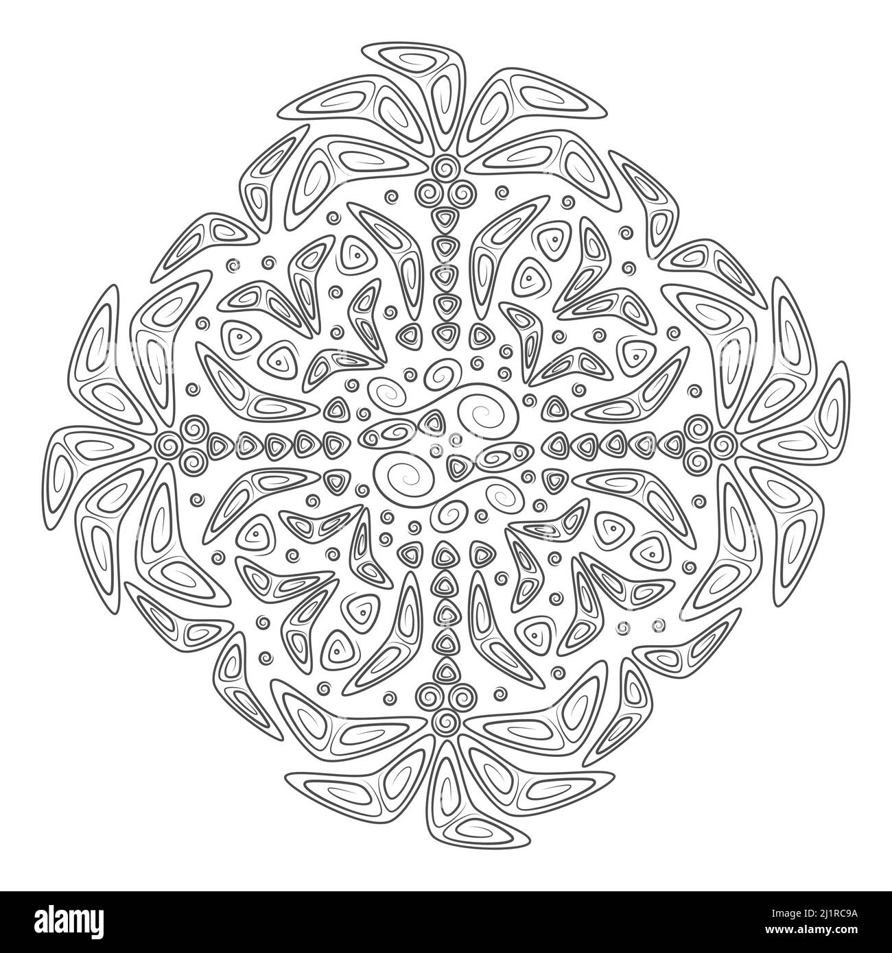 Illustration abstraite avec palmier, île tropicale, océan, oiseaux, poisson. Objets isolés en noir et blanc de style polynésie sur fond blanc. Illustration de Vecteur