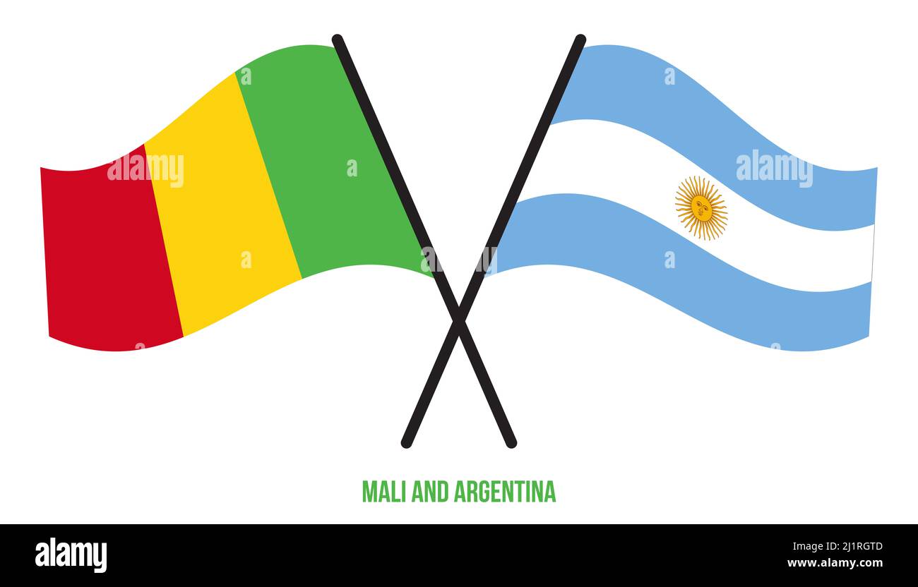 Mali et Argentine drapeaux croisés et ondulant le style plat. Proportion officielle. Corriger les couleurs. Banque D'Images