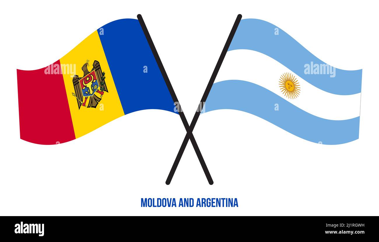 Les drapeaux de Moldavie et d'Argentine sont croisés et ondulés de style plat. Proportion officielle. Corriger les couleurs. Banque D'Images