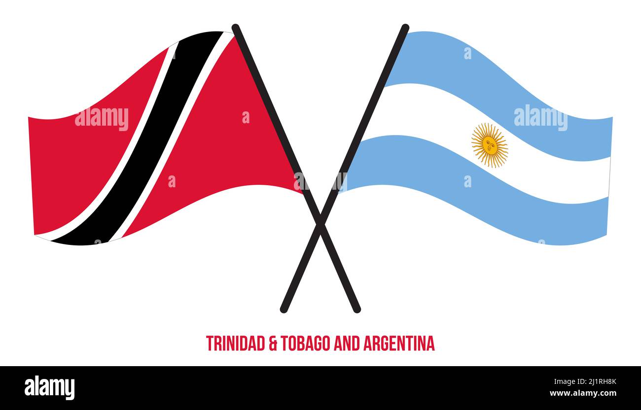 Les drapeaux de Trinité-et-Tobago et d'Argentine sont croisés et ondulés de style plat. Proportion officielle. Banque D'Images