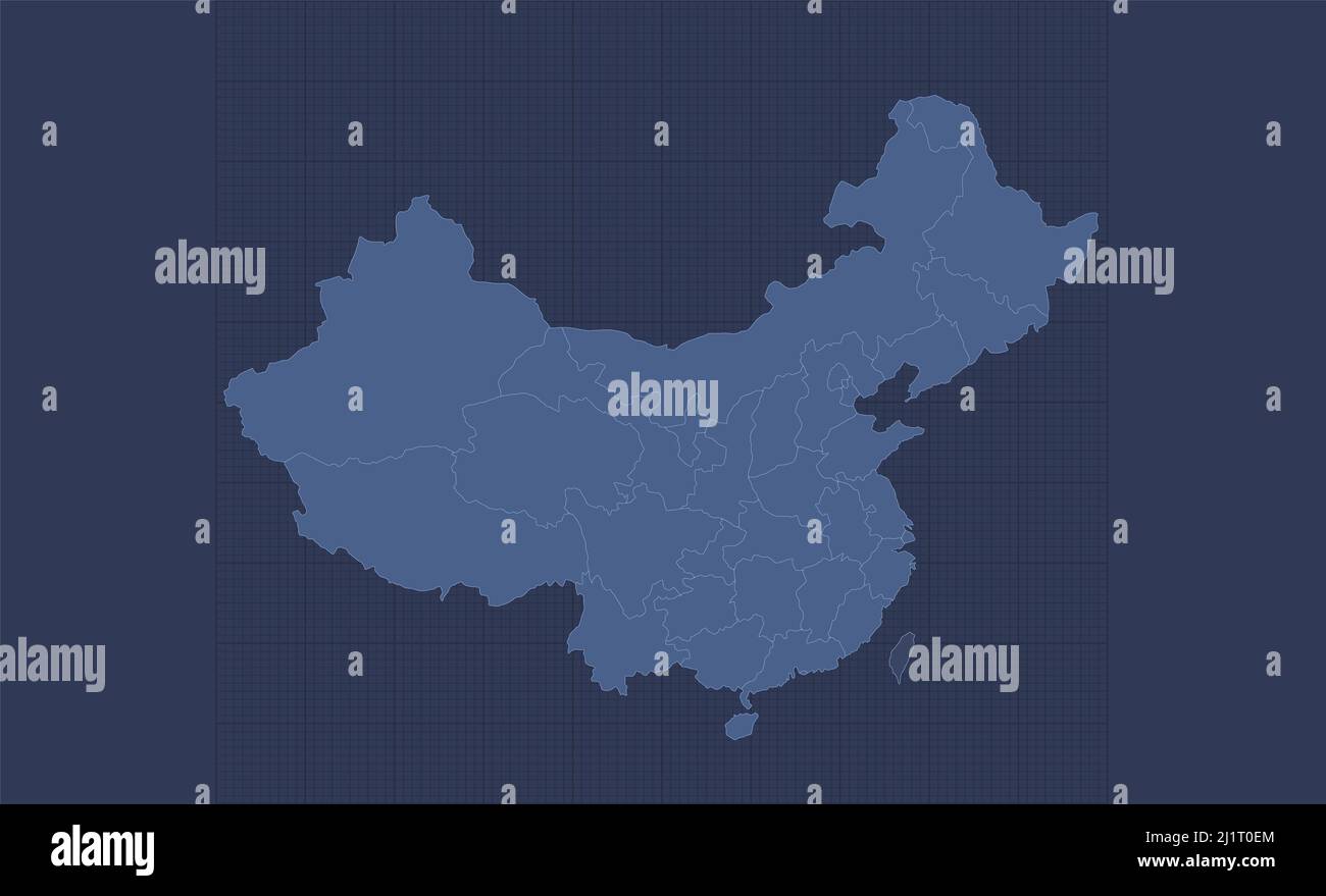 Carte de la Chine, régions séparées, infographies bleu plat, vierge Banque D'Images