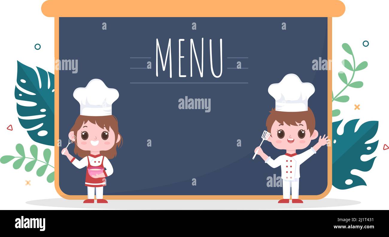 Illustration de la cuisine de personnages de dessin animé par un chef professionnel pour enfants avec menu différents plateaux et aliments pour servir délicieux aliments adaptés à l'affiche ou au Backgr Illustration de Vecteur