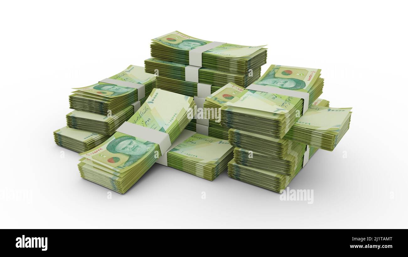 Pile de 10000 notes riales iraniennes. 3D présentation de lots de billets Banque D'Images