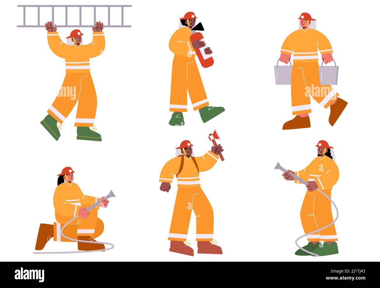 Pompiers avec extincteur, tuyau d'eau, échelle, hache et seaux. Illustration vectorielle à plat d'un groupe d'hommes et de femmes pompiers professionnels en casque et en costume de sécurité Illustration de Vecteur
