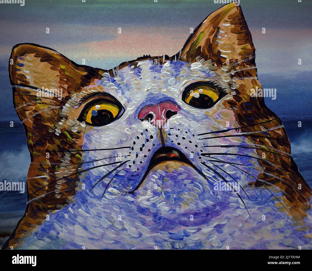Huile de chat choquée peinture sur le fond de l'onde de mer , meaïe , Felidae Banque D'Images