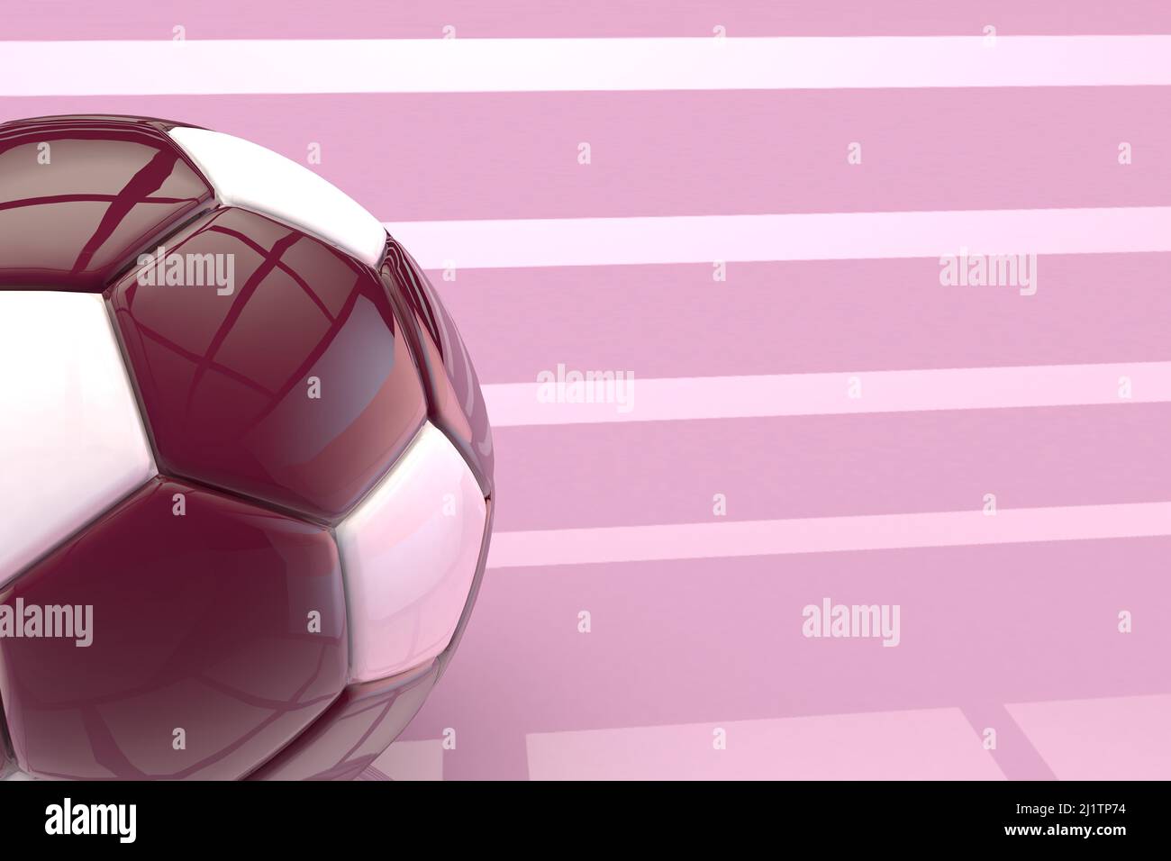 3D ballons de football classiques aux couleurs violet et blanc brillant sur fond de rayures roses Banque D'Images