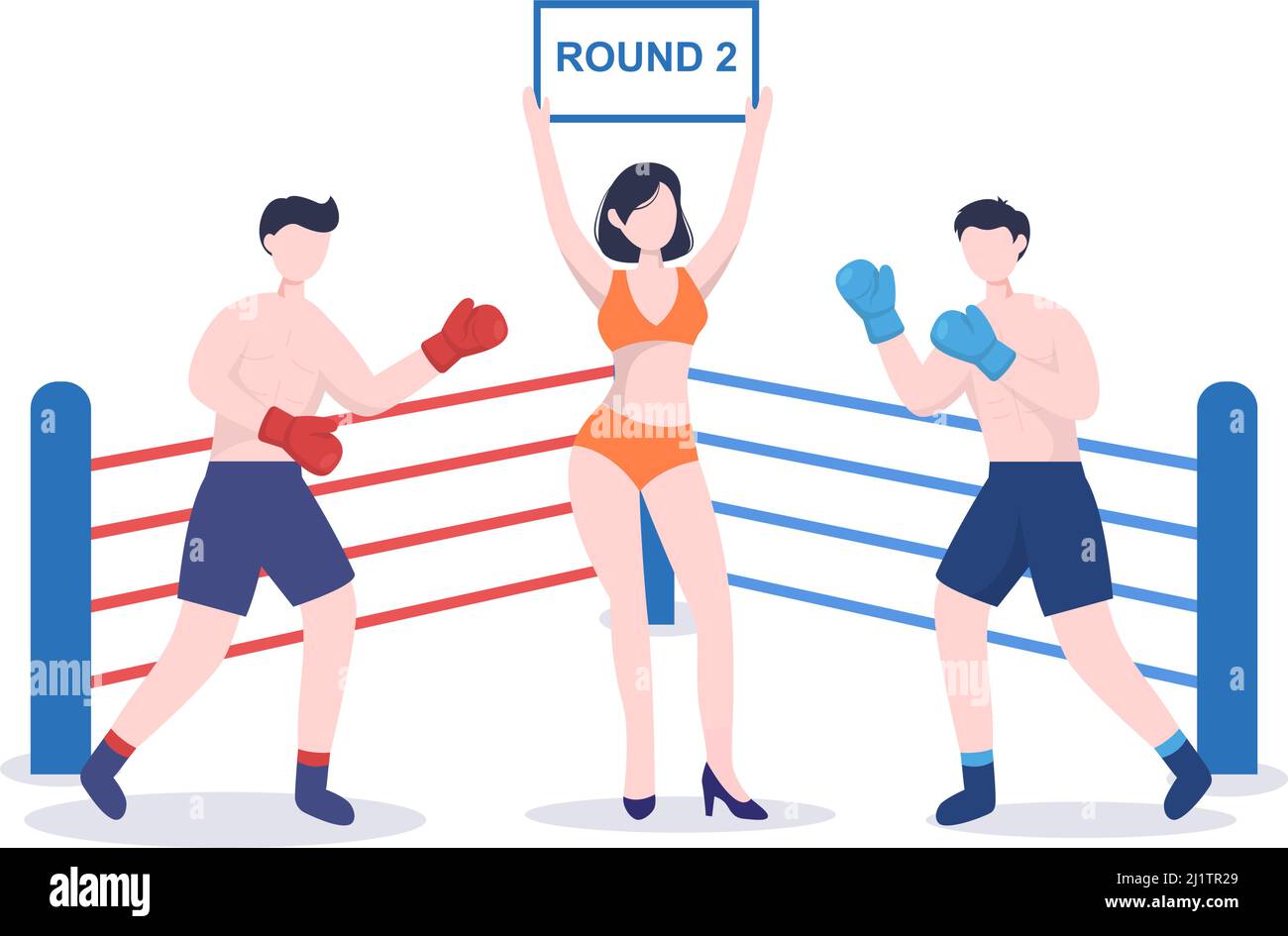 Sport de boxe professionnel portant un boxer, un anneau, une ceinture, des sacs à perforer, des gants rouges et un casque lors de compétitions, de compétitions ou d'exercices sur une illustration plate Illustration de Vecteur