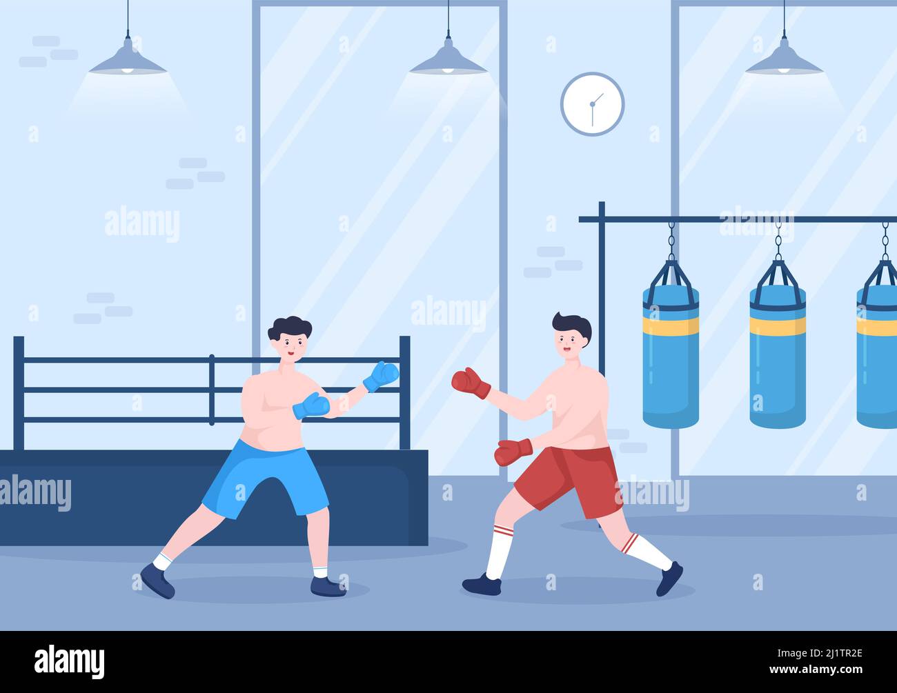 Sport de boxe professionnel portant un boxer, un anneau, une ceinture, des sacs à perforer, des gants rouges et un casque lors de compétitions, de compétitions ou d'exercices sur une illustration plate Illustration de Vecteur