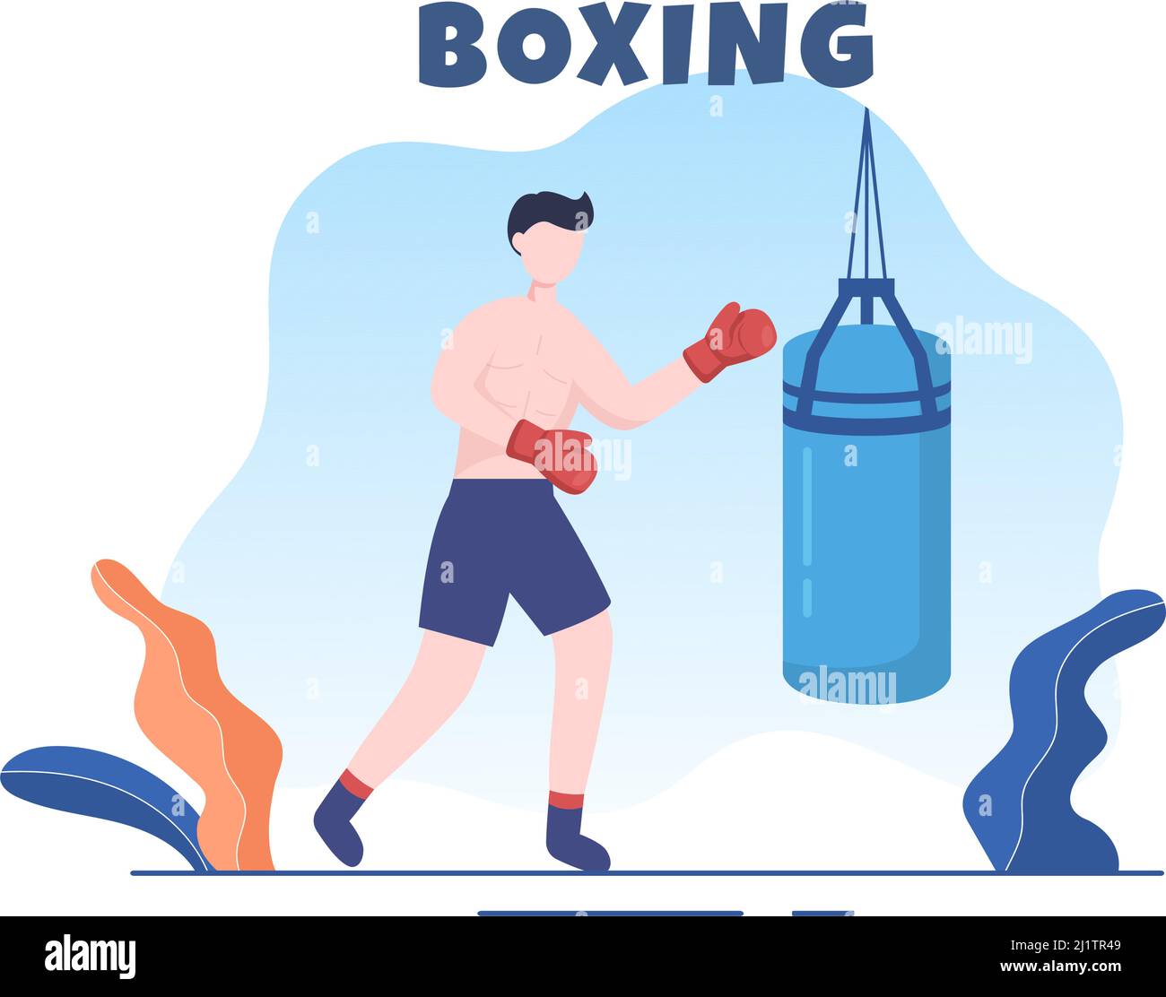 Sport de boxe professionnel portant un boxer, un anneau, une ceinture, des sacs à perforer, des gants rouges et un casque lors de compétitions, de compétitions ou d'exercices sur une illustration plate Illustration de Vecteur
