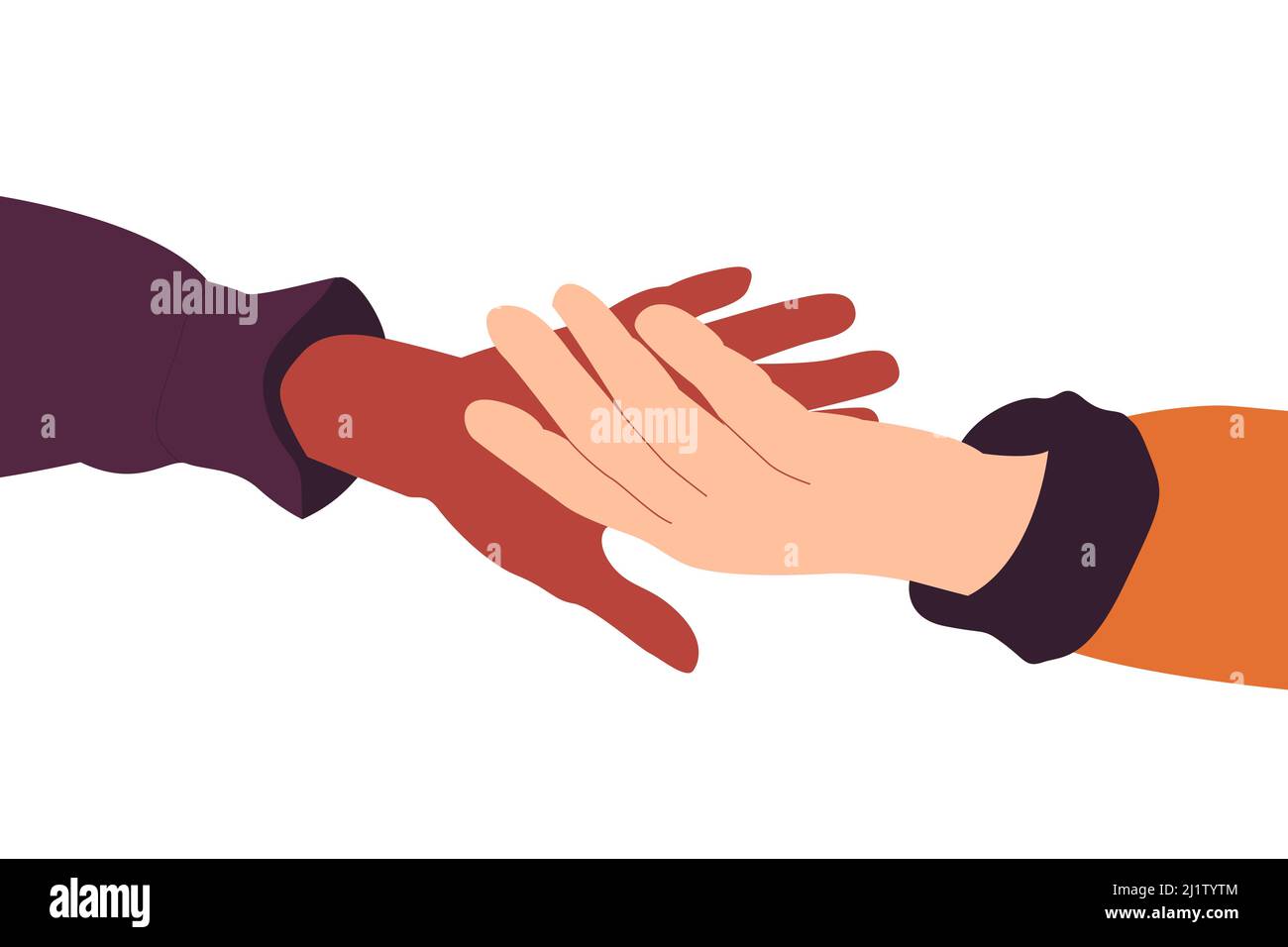 Des mains qui vous aident. Solidarité raciale. Une main noire atteignant une main blanche. Main tenant une autre main. Illustration isolée sur un fond blanc. Vecteur. Illustration de Vecteur