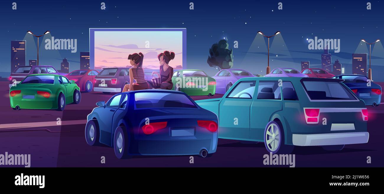 Les filles au cinéma automobile. Deux amis dans le théâtre drive-in avec des automobiles se tiennent dans le parking en plein air de la ville la nuit. Les femmes s'assoient sur le toit en regardant m Illustration de Vecteur