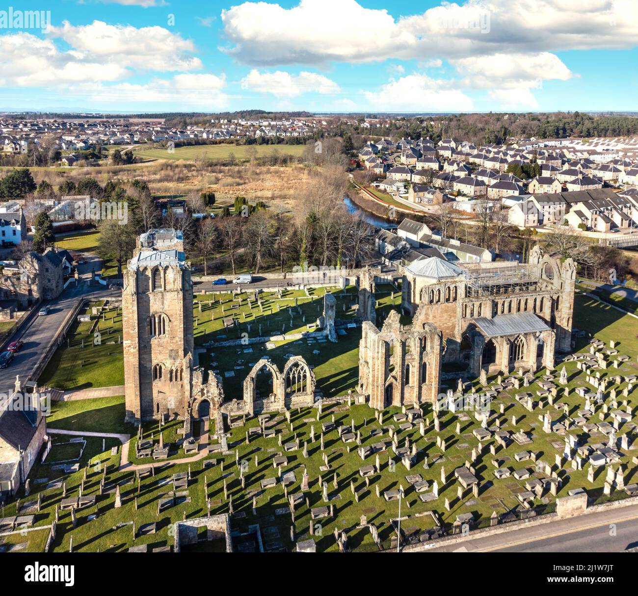 Photographie aérienne des ruines de la cathédrale d'Elgin à Moray, en Écosse Banque D'Images