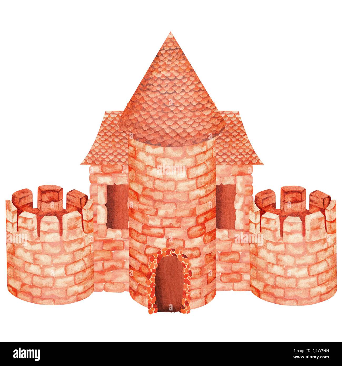 Château en brique avec tour d'observation. Illustration aquarelle. Isolé sur un fond blanc. Pour votre conception d'articles d'intérieur de pépinière, papeterie Banque D'Images