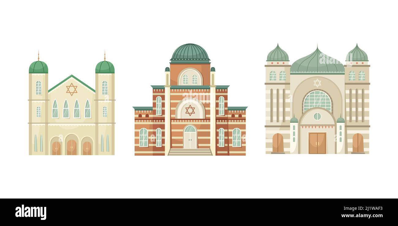 Ensemble vectoriel d'illustrations de synagogue. Bâtiment architectural religieux. Style plat Illustration de Vecteur