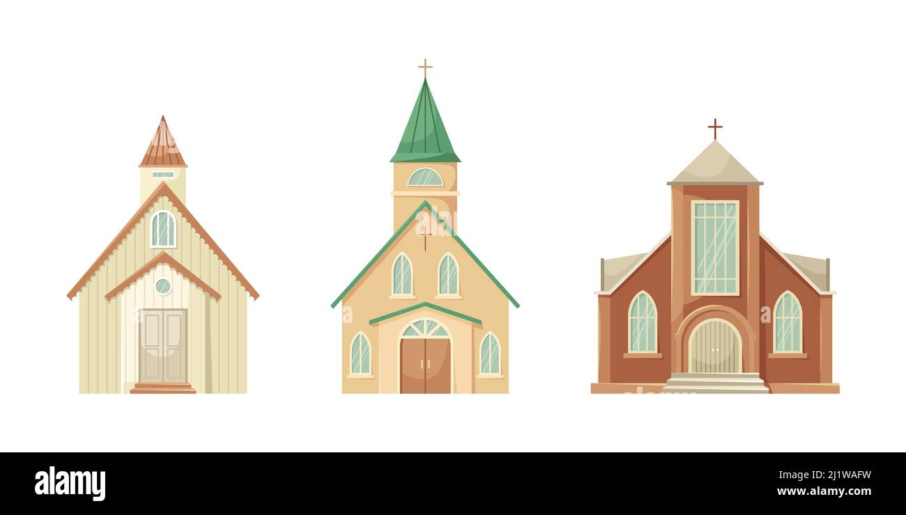 Ensemble vectoriel d'illustrations de l'Église protestante. Bâtiment architectural religieux. Style plat Illustration de Vecteur
