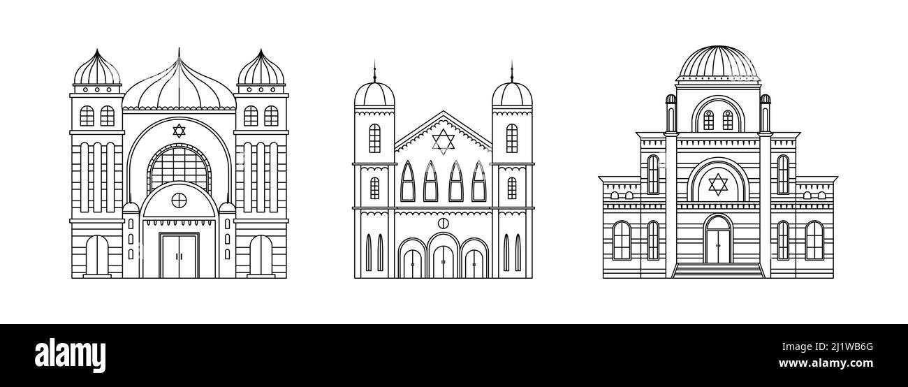 Ensemble vectoriel d'illustrations de synagogue. Bâtiment architectural religieux. Contour Illustration de Vecteur