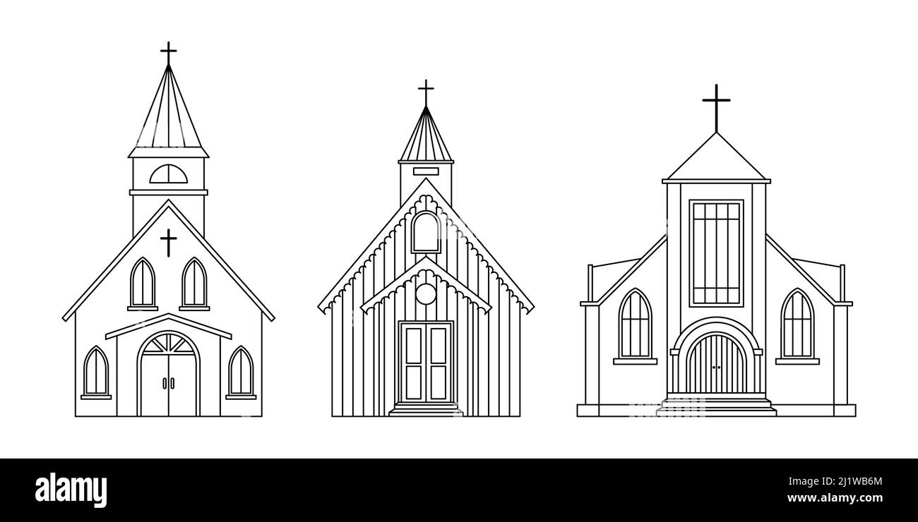 Ensemble vectoriel d'illustrations de l'Église protestante. Bâtiment architectural religieux. Contour Illustration de Vecteur
