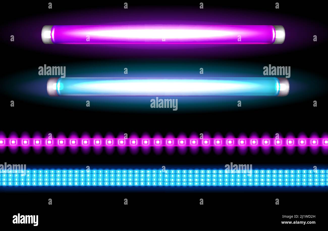 Lampes à tube néon et bandes LED, ampoules longue luminescence bleues et  violettes pour boîte de nuit, ou enseignes de bar, éclairage fluorescent.  Lampe halogène Image Vectorielle Stock - Alamy