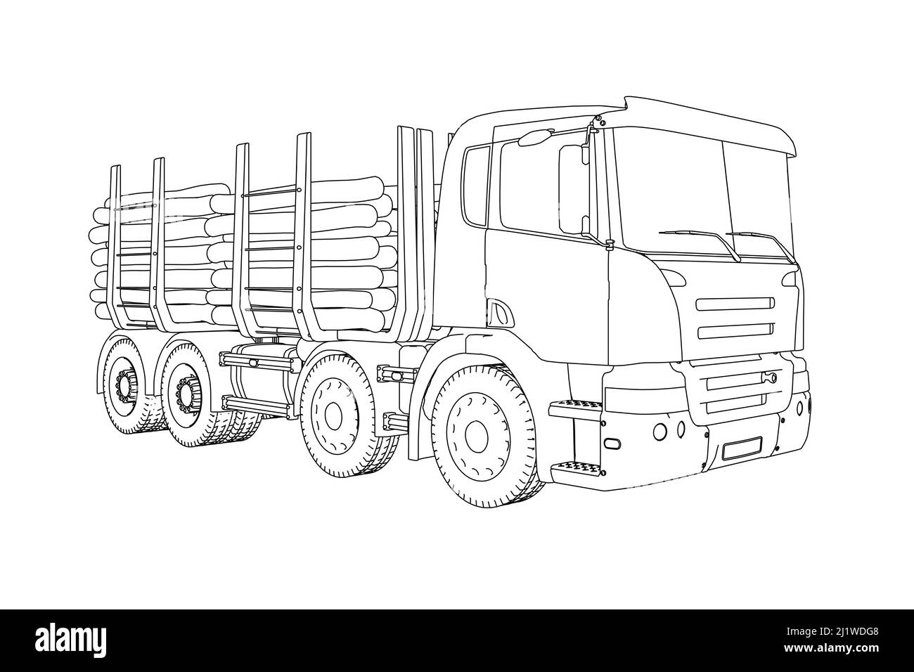 Contour détaillé d'un chariot avec du bois à partir de lignes noires isolées sur un fond blanc. Vue en perspective. Illustration vectorielle. Illustration de Vecteur