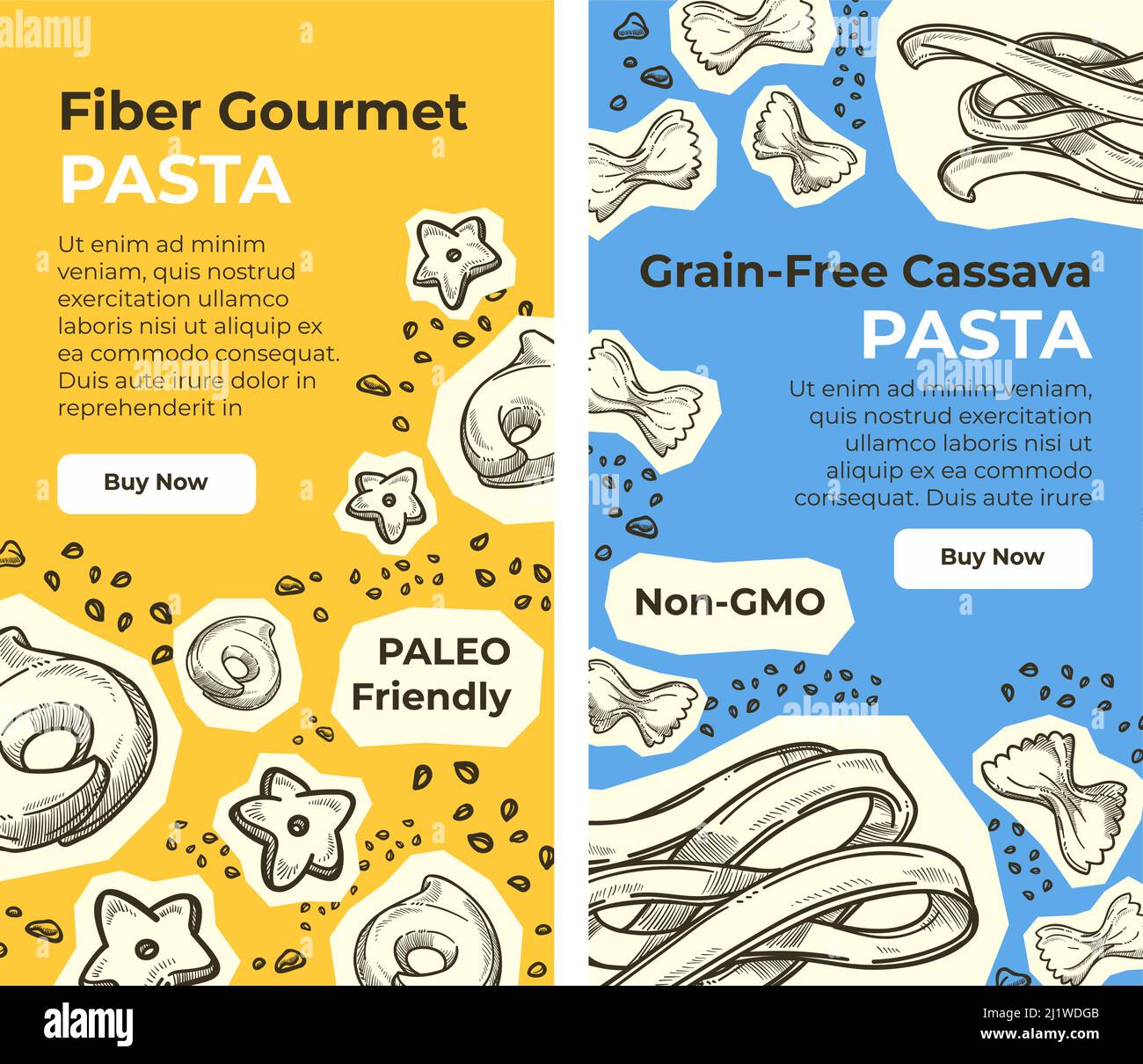 Pâtes alimentaires gastronomiques à base de fibres, site Internet de manioc sans grain Illustration de Vecteur