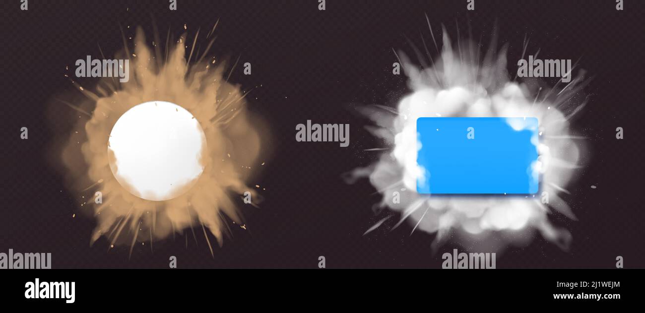 Explosions de poussière avec rectangle et bannière ronde. Éclaboussures de poudre marron et blanche isolées sur fond transparent. Nuages vectoriels réalistes de san Illustration de Vecteur