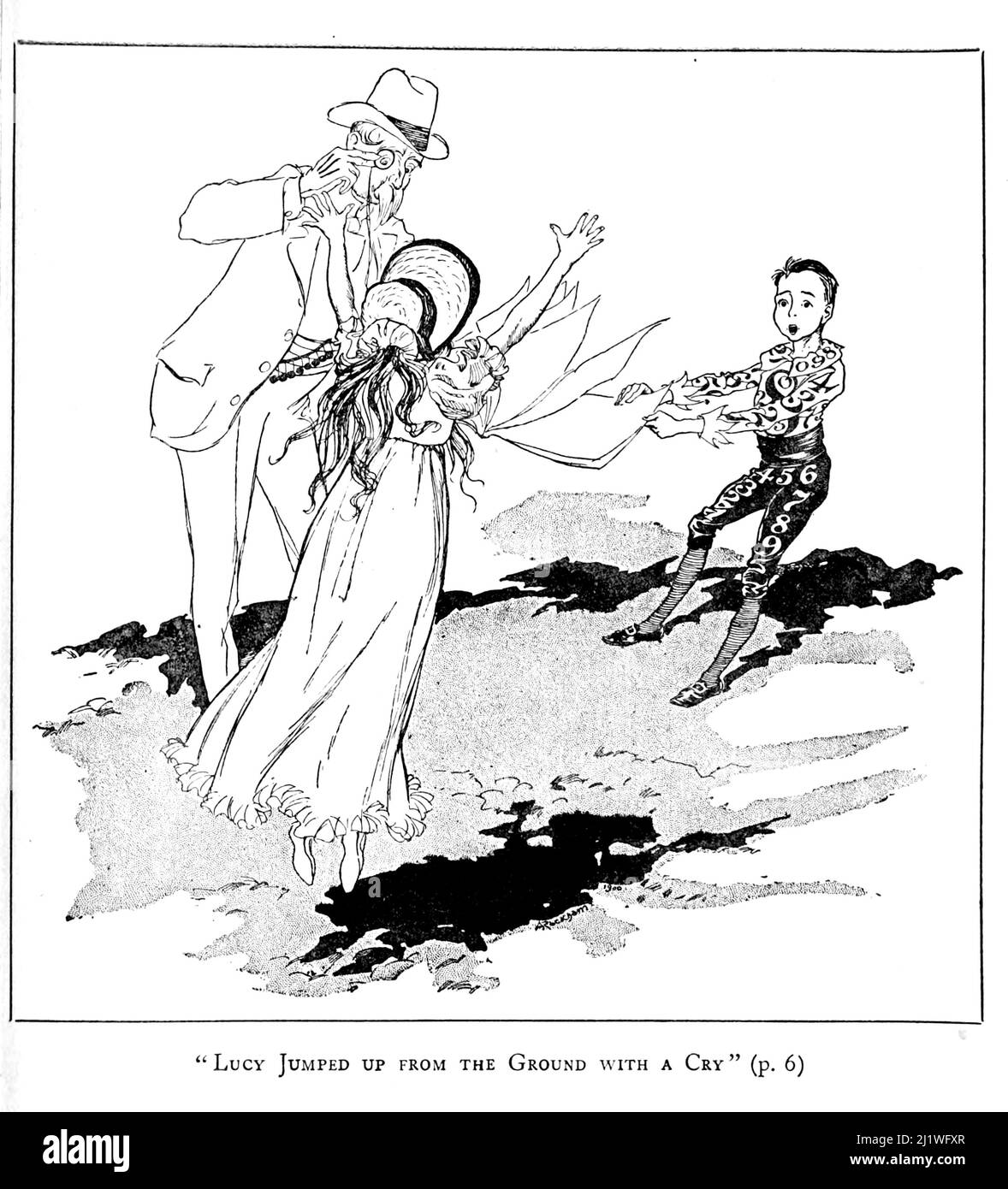 Lucy a sauté du sol avec un cri du livre « The Book of Betty Barber » de Maggie Browne, le nom de plume de Margaret Andrewes née Hamer (1864-1937), illustré par Arthur Rackham, Date de publication 1914 Éditeur Boston, R. G. Badger Banque D'Images