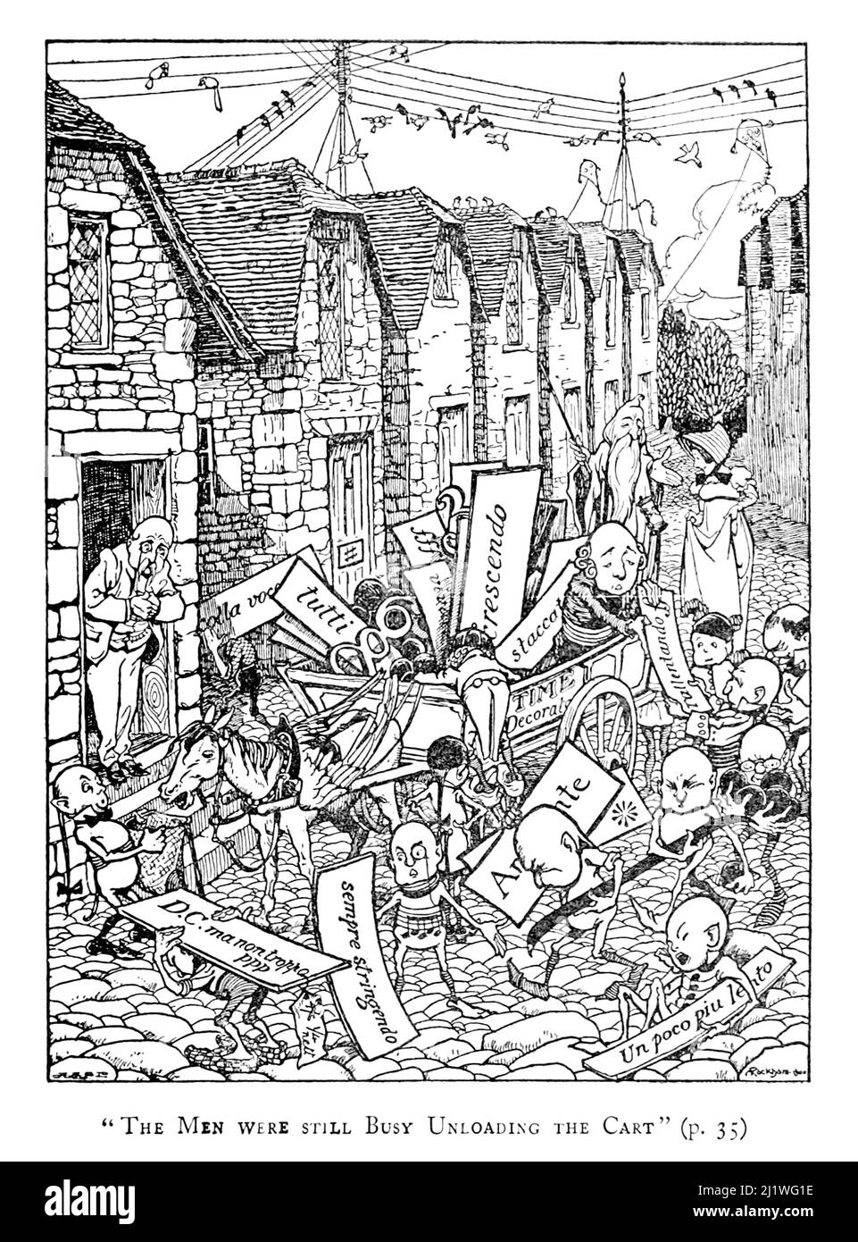 Les hommes étaient encore occupés à décharger le chariot du livre ' le livre de Betty Barber ' par Maggie Browne, le nom de plume de Margaret Andrewes née Hamer (1864-1937), illustré par Arthur Rackham, Date de publication 1914 Editeur Boston, R. G. Badger Banque D'Images
