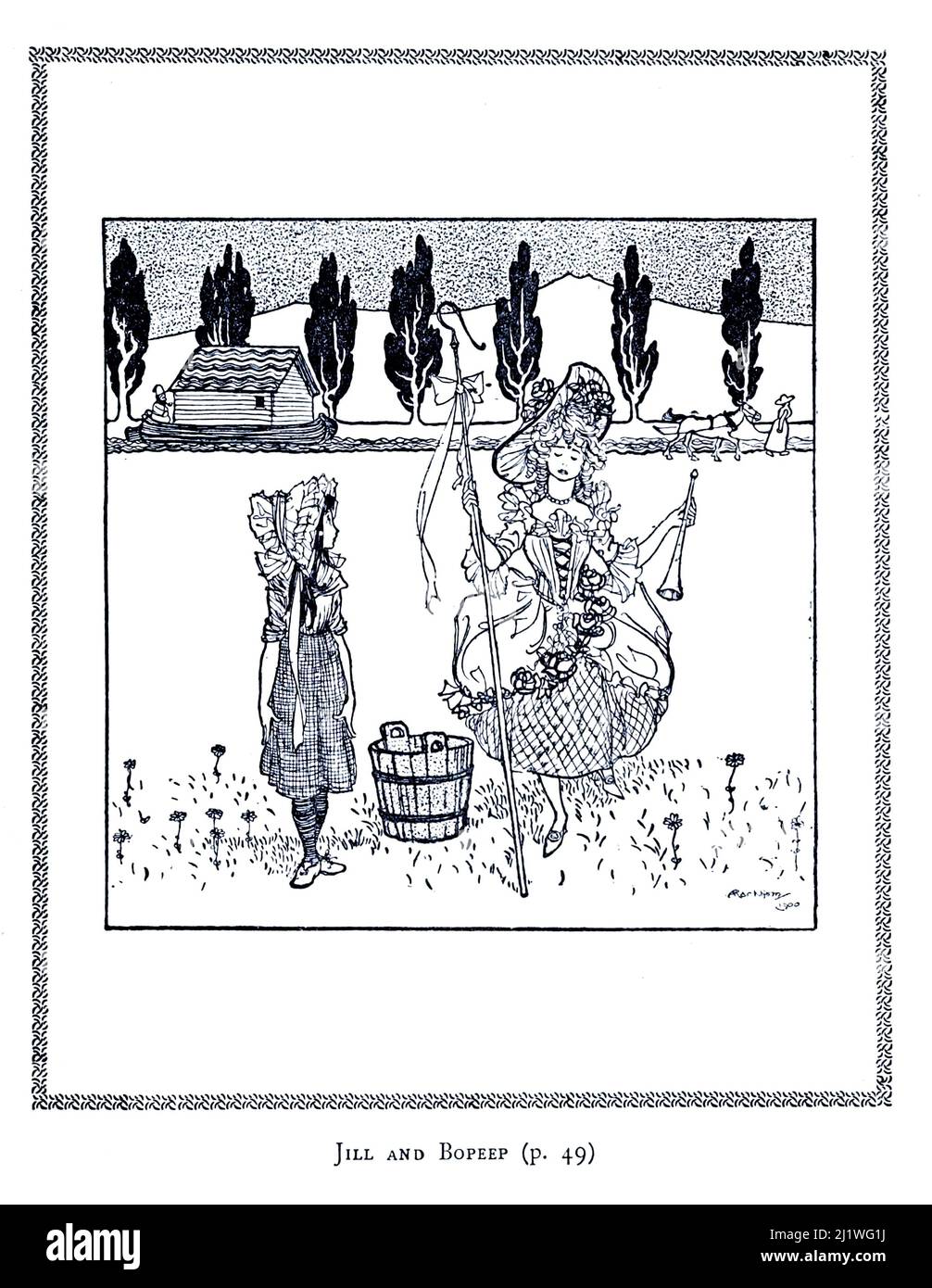 Jill et Bopeep du livre « The Book of Betty Barber » de Maggie Browne, le nom de la plume de Margaret Andrewes née Hamer (1864-1937), illustré par Arthur Rackham, Date de publication 1914 Éditeur Boston, R. G. Badger Banque D'Images