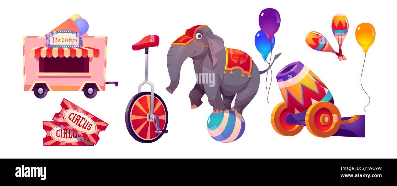 Cirque et éléphant sur le ballon, grand animal de tente top artiste, vélo de mousson, cabine de crème glacée et ballons, billets, canon et maracas. Divertissement Illustration de Vecteur