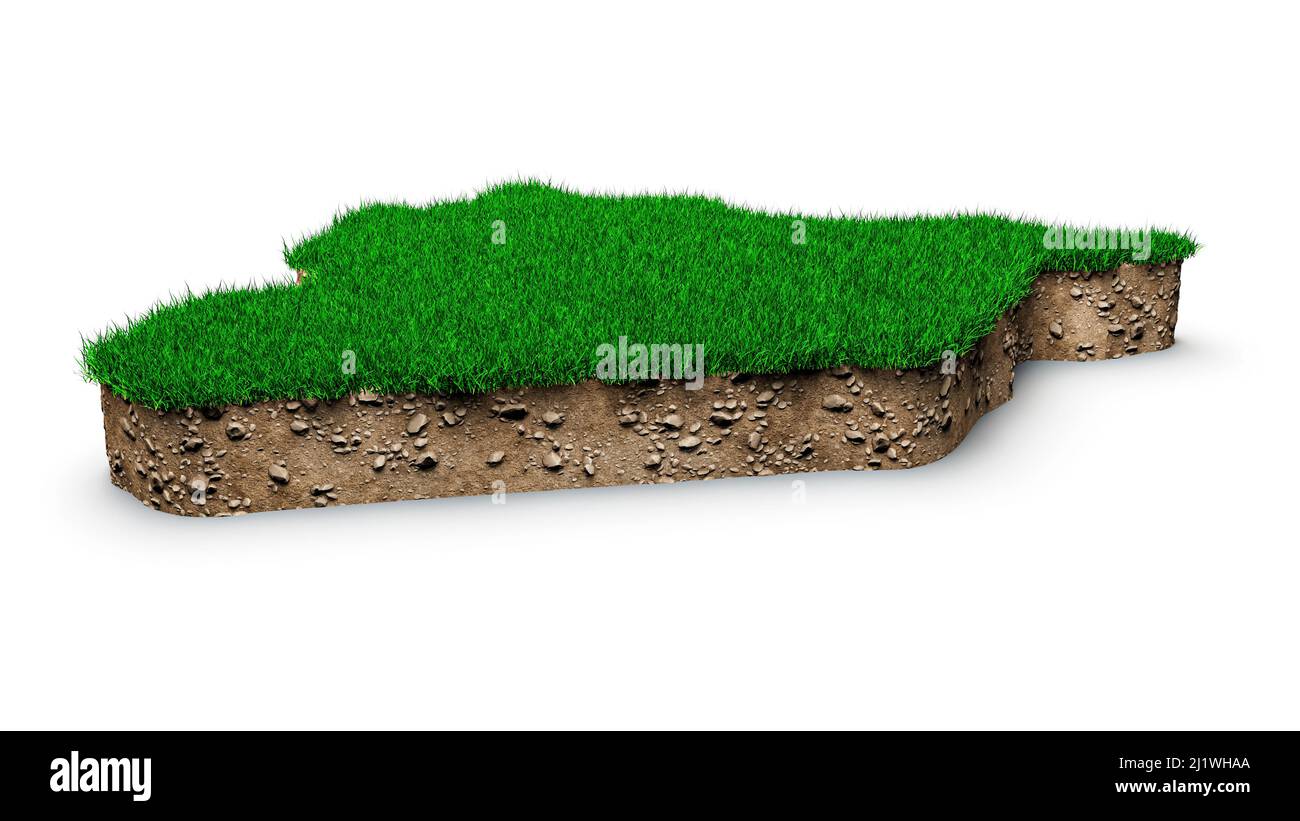 Une illustration en 3D d'une carte de la Syrie de la géologie du sol coupe transversale avec de l'herbe verte et de la roche Banque D'Images