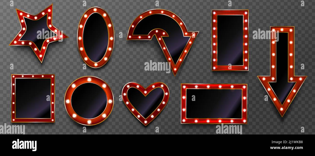 Cadres avec ampoules pour panneau rétro sur marquise de cirque ou casino isolés sur fond transparent. Image vectorielle réaliste de la flèche, de l'étoile et de l'entendre Illustration de Vecteur