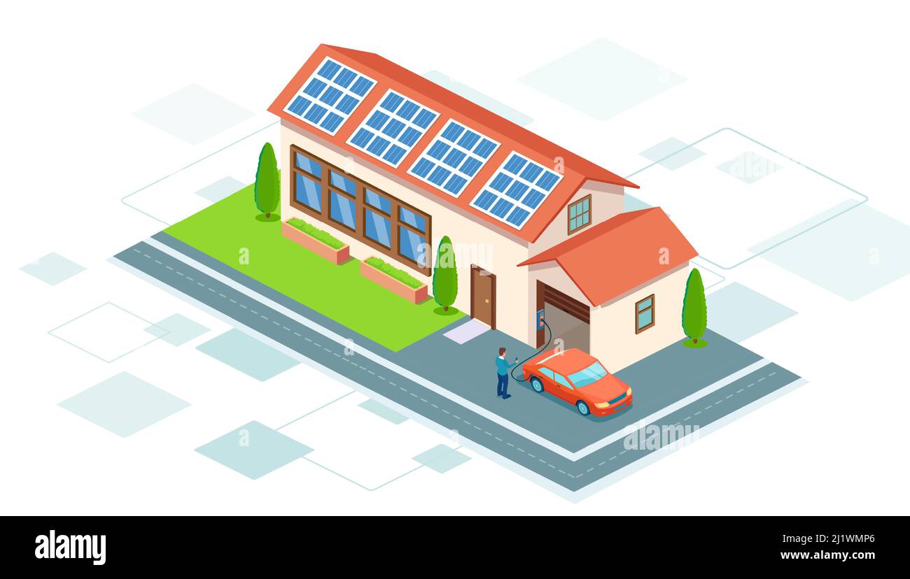 Vecteur d'une voiture électrique se chargeant à l'intérieur d'un garage à domicile Illustration de Vecteur