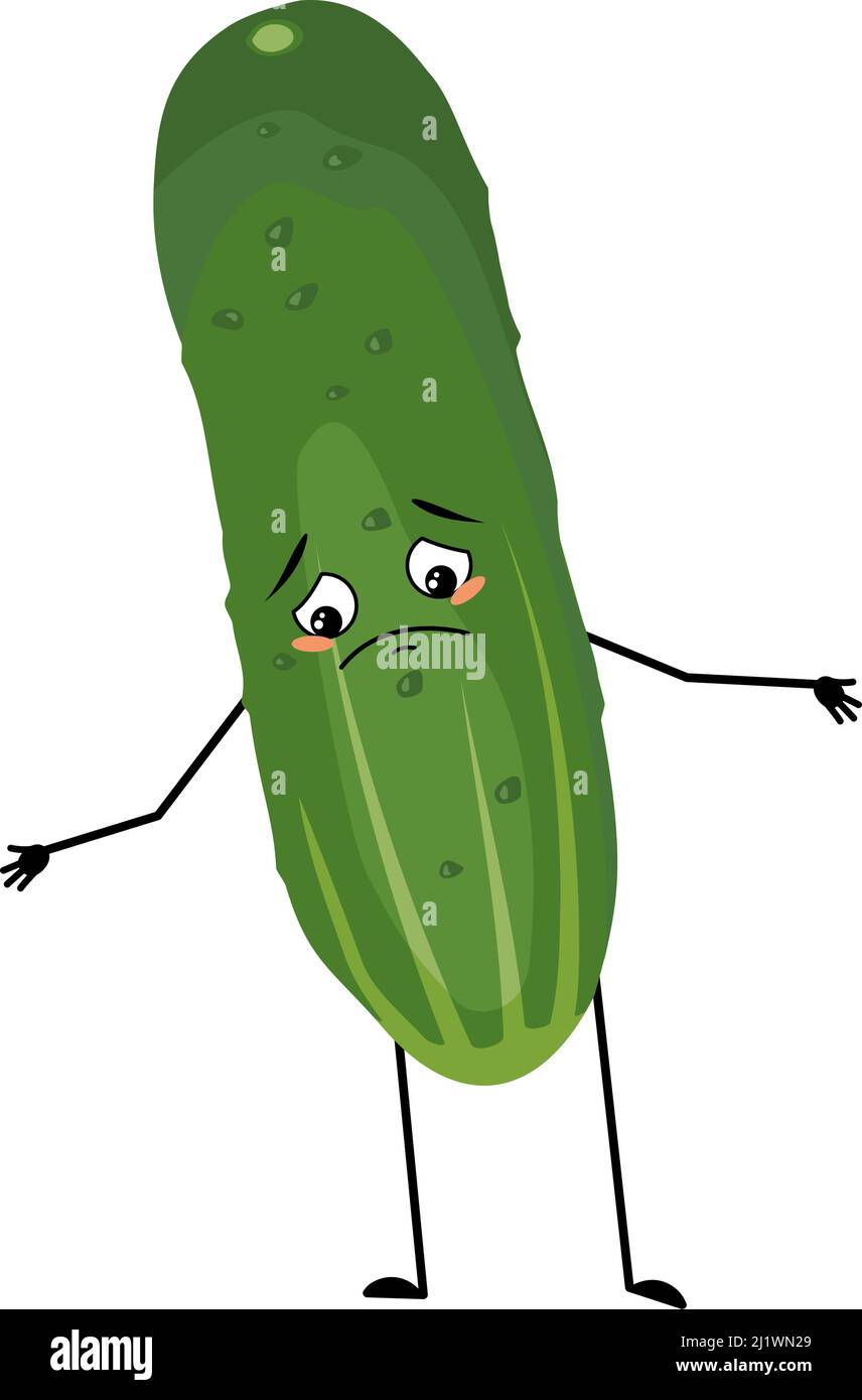 Concombre caractère avec des émotions tristes, visage déprimé, les yeux, les bras et les jambes. Personne à expression mélancolique, émoticône légumière vert. Illustration vectorielle plate Illustration de Vecteur